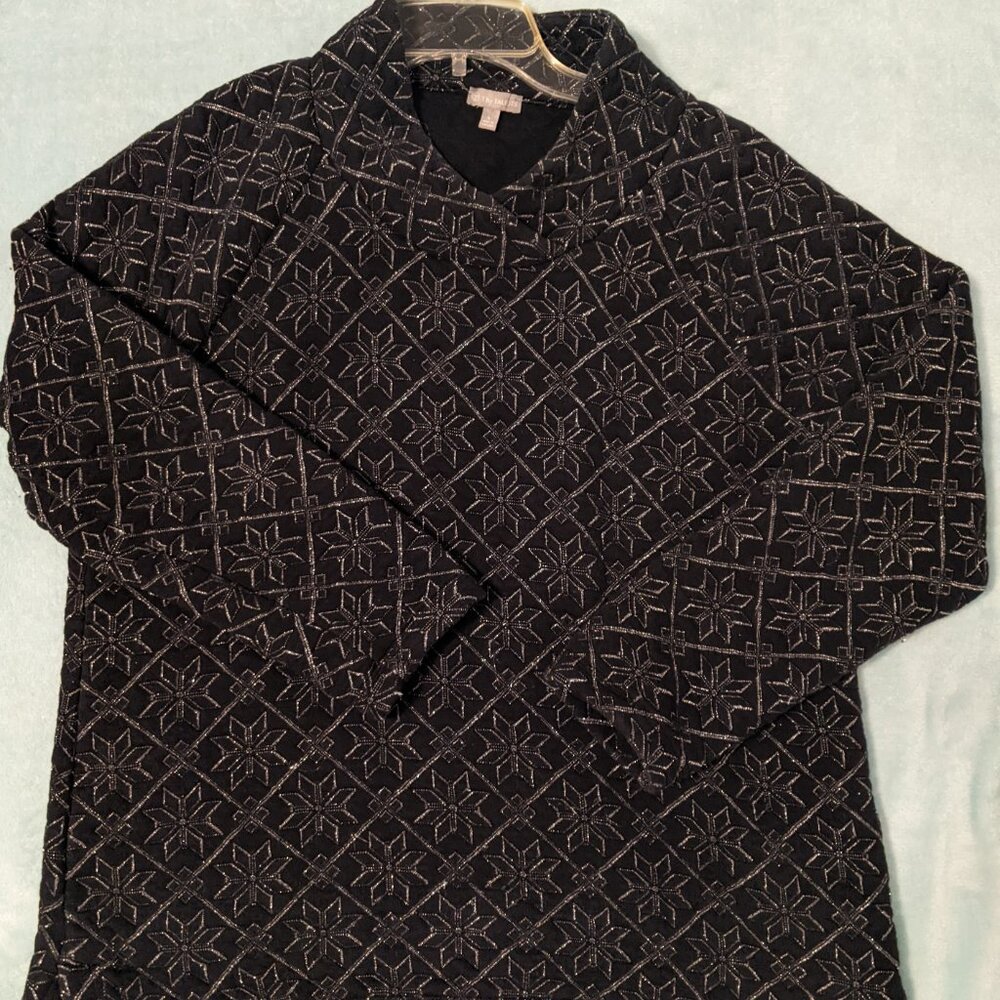 T by Talbots Black Metallic Quilted Snowflake Pullover Cotton Large - Picture 5 of 7
